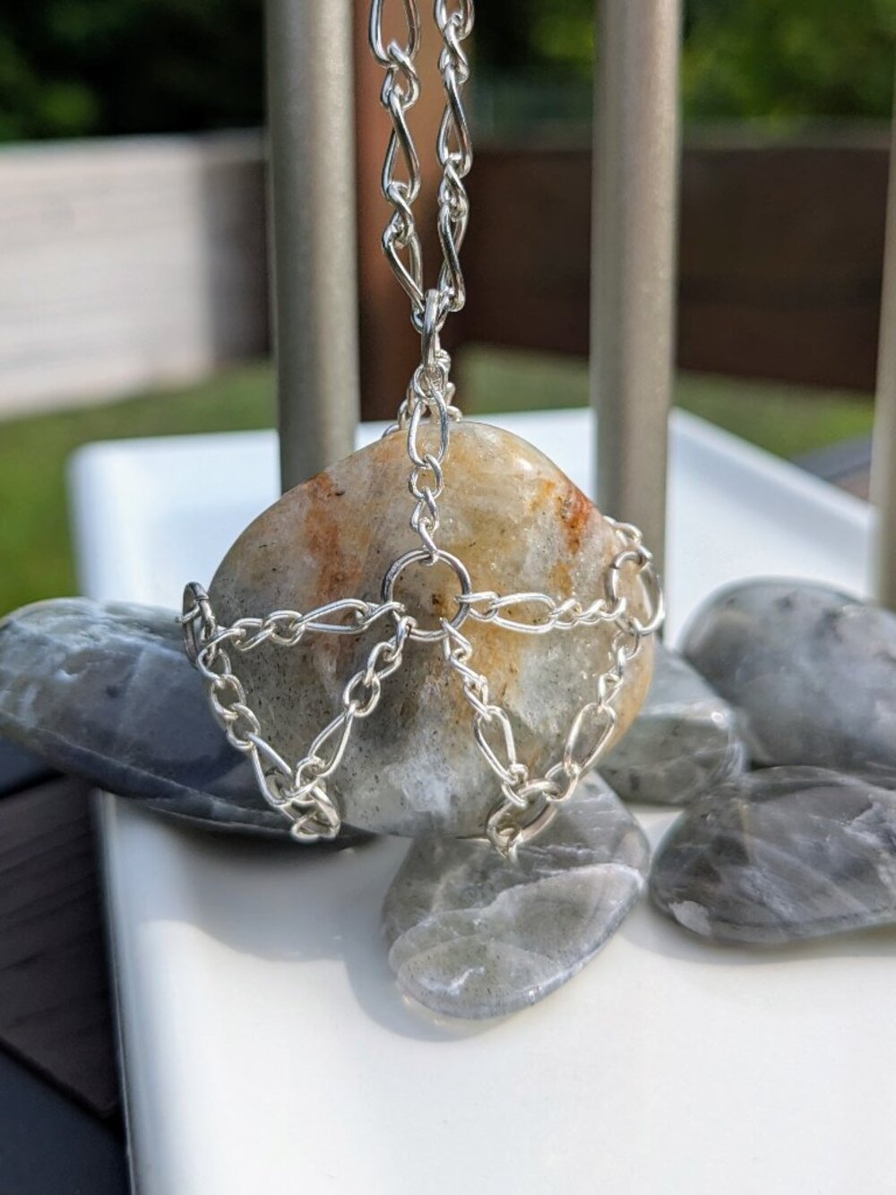 Genuine Labradorite in Silver Chain Cage Necklace